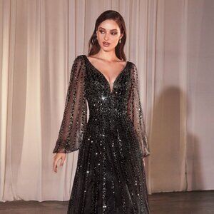 NEW A-LINE SEQUINS EMBELLISHED MAXI GOWN W/ V-NECKLINE & LONG SLEEVES CD0240